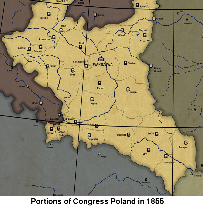 Line-drawn map in shades of brown showing the central areas of Congress Poland, including Warszawa and Siedlce Provinces